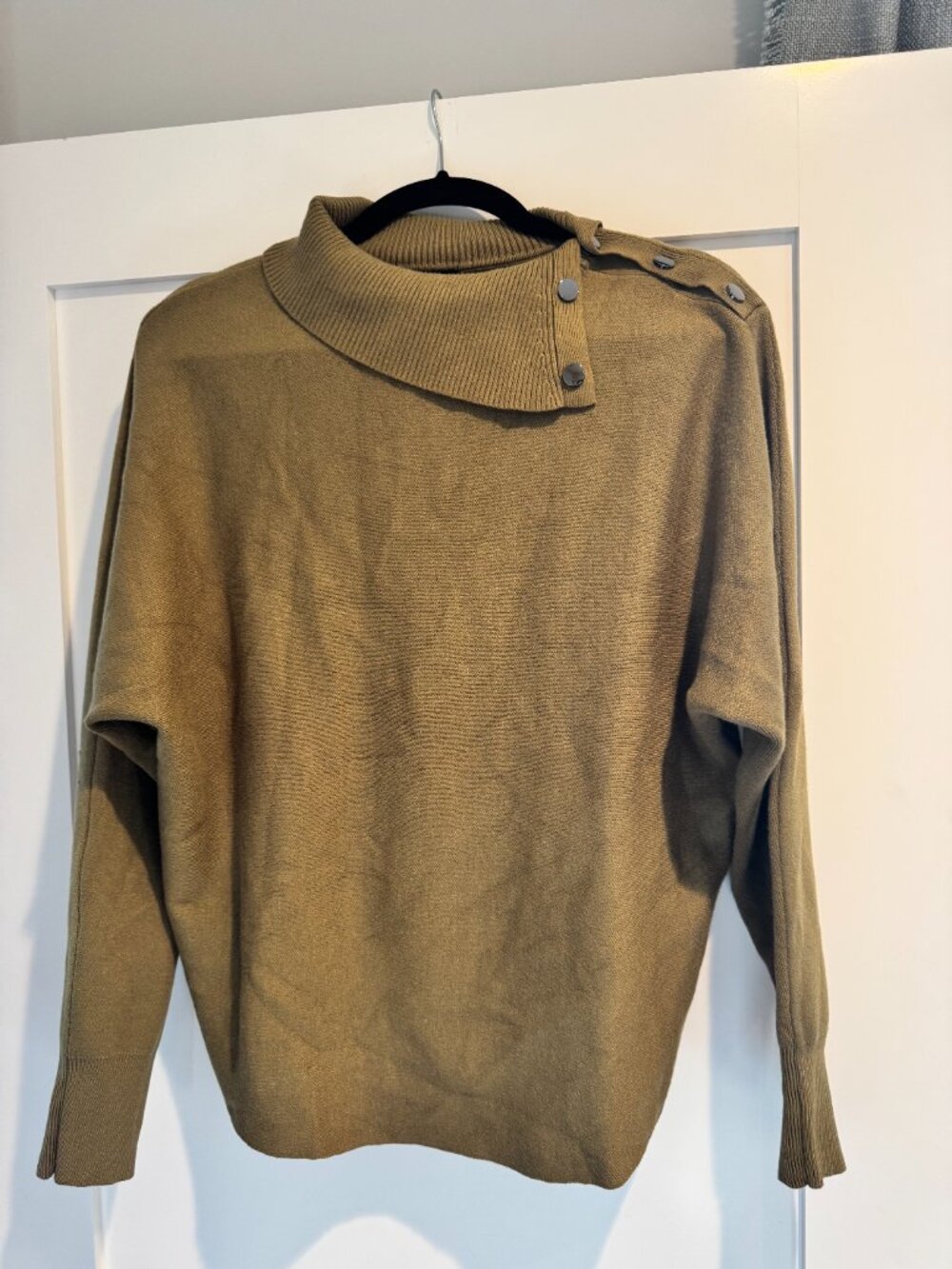 Nicole Miller - Olive Green Asymmetric Funnel-Neck Sweater Snap Button Detail